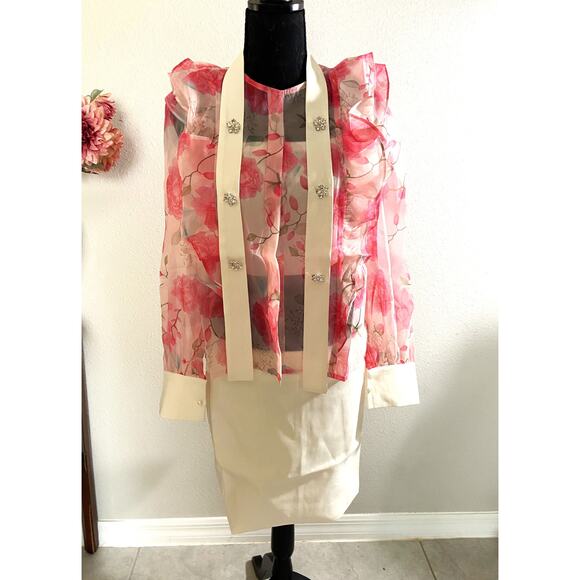 Viral Sheer Floral Bow Top & Skirt Set Medium Organza Pearl Cuffs NWT - Picture 1 of 4